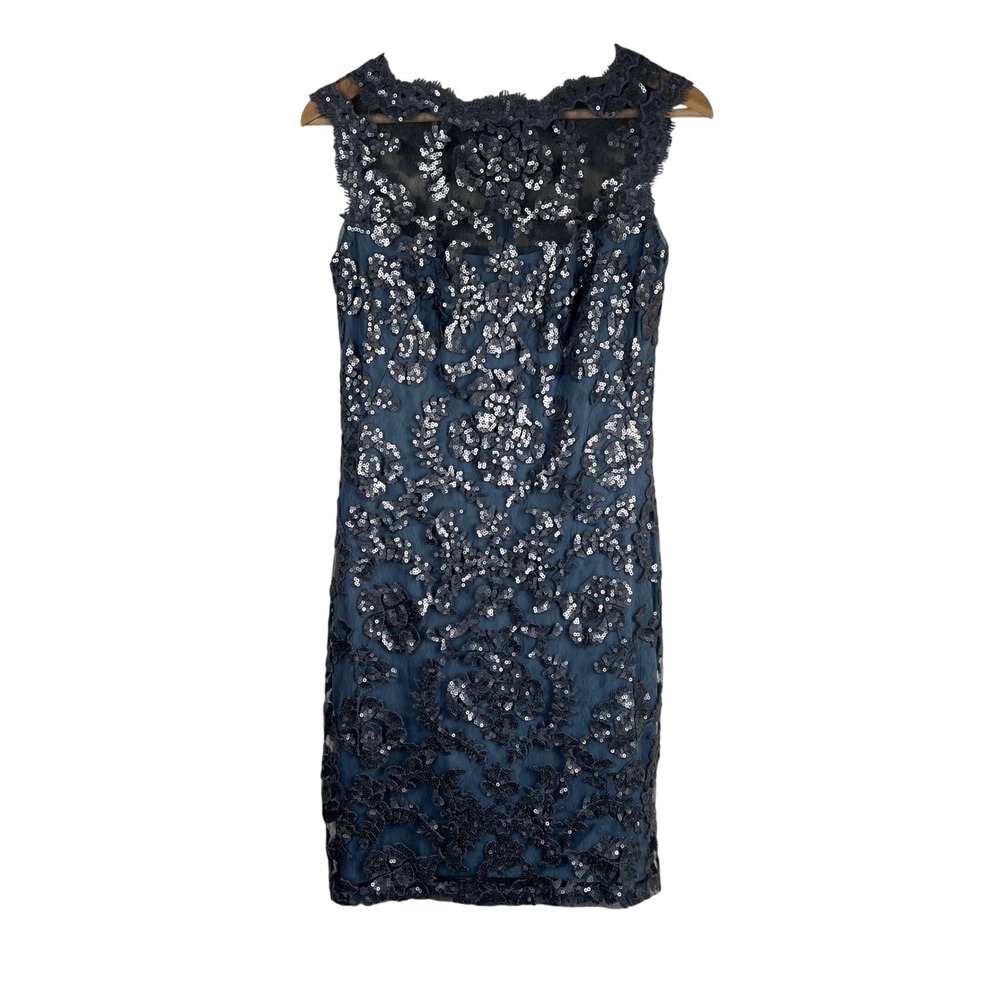 Tadashi Shoji Sequin Floral Lace Sheath Dress Slate Blue ALT1419M Womens 4